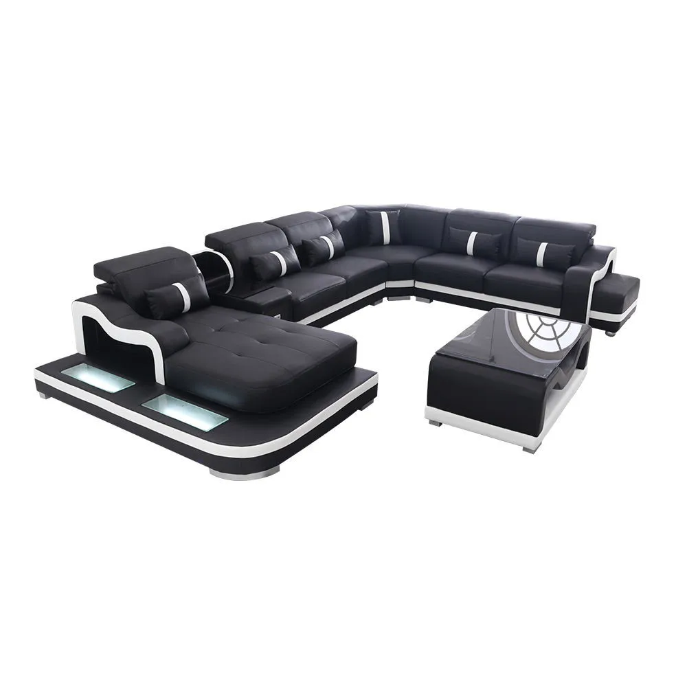 #Customized Leather Furniture Sofa LED Light Modern USB Music Player Sofas Set Furniture Multi-functional Sofas Sectionals 1 Set