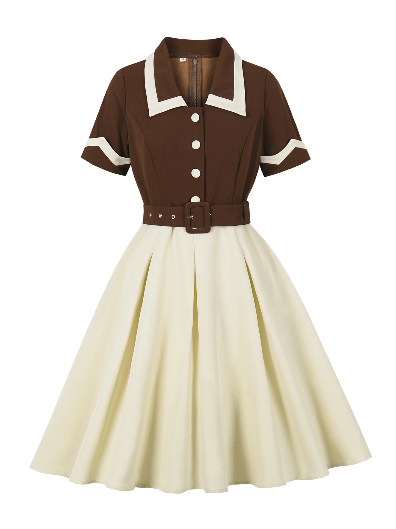 Tonval Two Tone Brown and Apricot Women Vintage Dresses 2026 Summer Turn-Down Collar Buttons Belted Pleated Dress