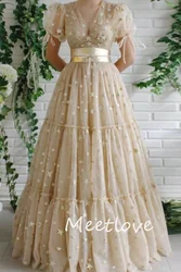 Meetlove 2024, maßgeschneidertes Damen-Abschlussballkleid, A-Linie, V-Ausschnitt, kurze Laternenärmel, Stern-Tüll, Cocktailpartykleid, Abendkleid