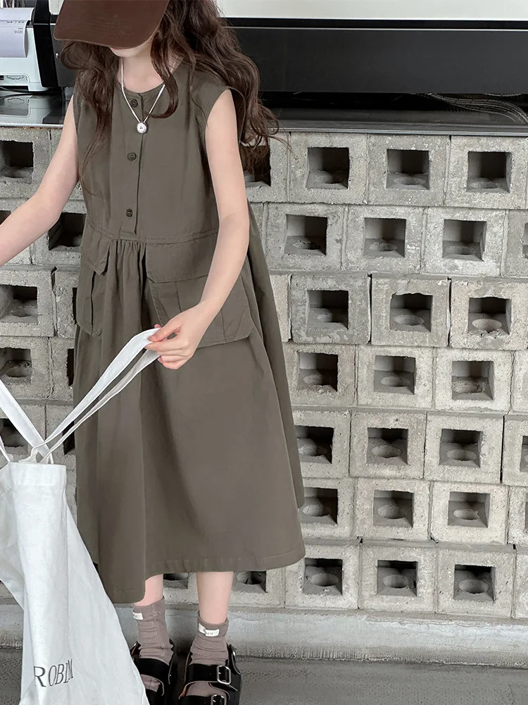 Vestiti per ragazze 2026 Abiti verdi estivi Tasche per bambini Abiti per bambini per bambini 5 6 7 8 9 10 11 12 13 14 15 16 17 18 19 20 anni