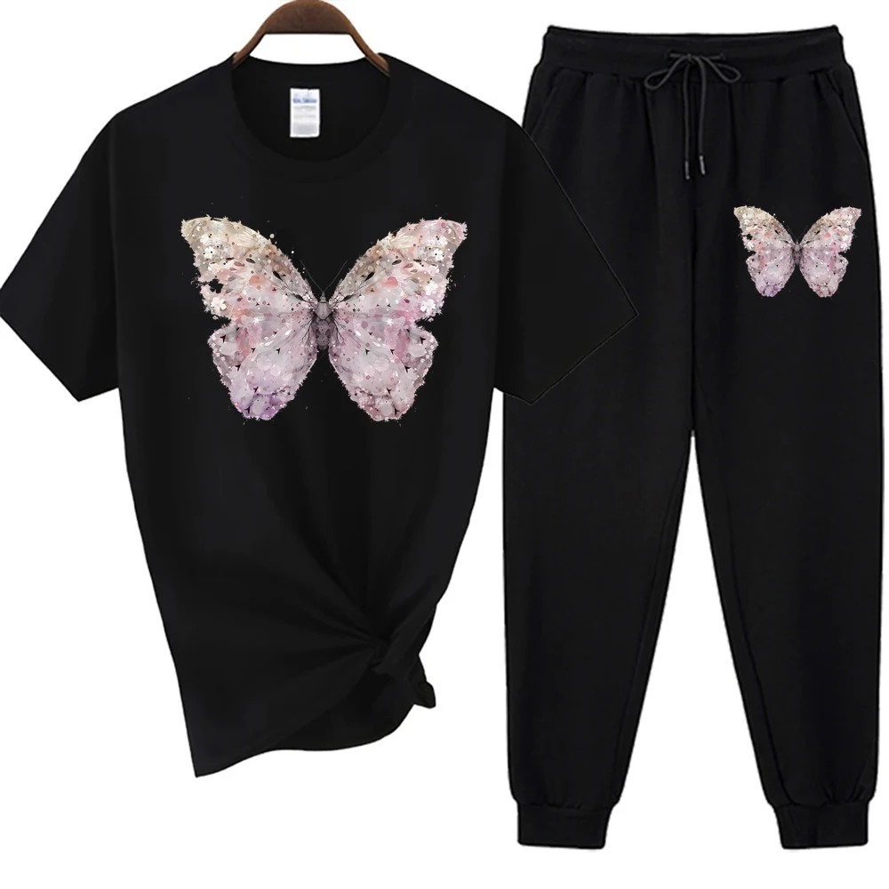 

Women's Fashion 2 Piece Set: Round Neck Short-Sleeved T-shirt + Black Pants Outfit, High-Quality Cotton Tracksuit for Comfort