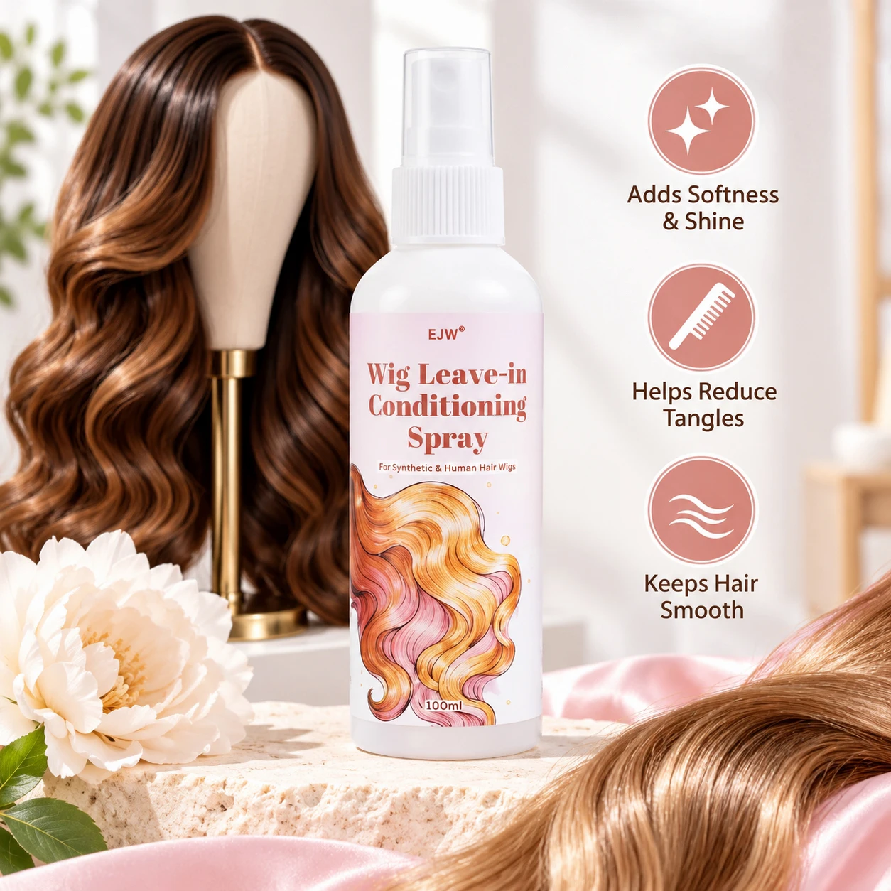 EJW Wig Leave-in Conditioning Spray 100ml for Synthetic & Human Hair Wigs Adds Shine Reduce Tangles Keeps Smooth Moisturizing