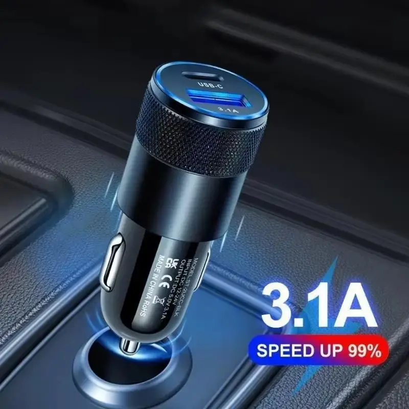 USB C Car Fast Charger 12W 3.1A PD Dual Port Type C Car Plug Universal for All Smart Phones Travel Use