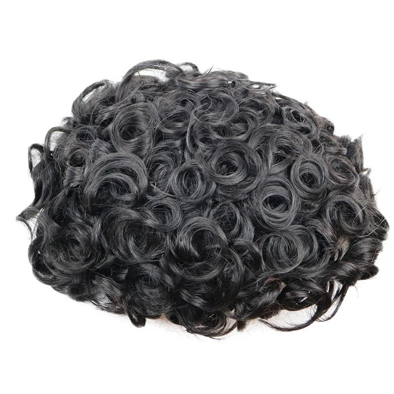 Natural Black 24mm Curly Men Toupee Durable Injected Full Pu Base Male Human Hair Unit Prosthesis Men's Hair Systems Hairpieces