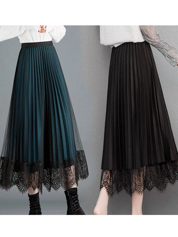 New Two-sided Wear High-waisted Lace Chiffon Skirt for Women with Pleated Skirts Half-length Base Dresses Slender and Slimming