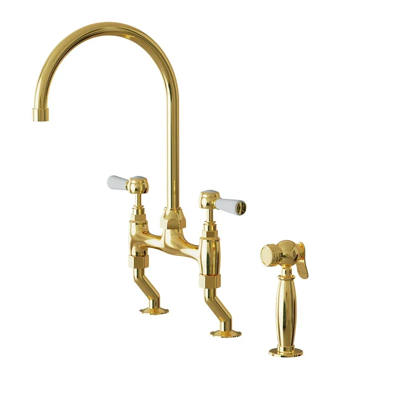 Полностью медный мост во французском стиле ретро, двойной отверстий, двойной открытый кухонный умывальник, вращающийся золотой смеситель для горячей и холодной воды