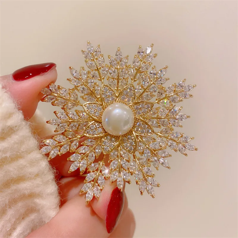 Luxury Oversized Multi-layer Cubic Zirconia Snowflake Brooches for Women Freshwater Pearl Camellia Corsage Suit Accessories Pin