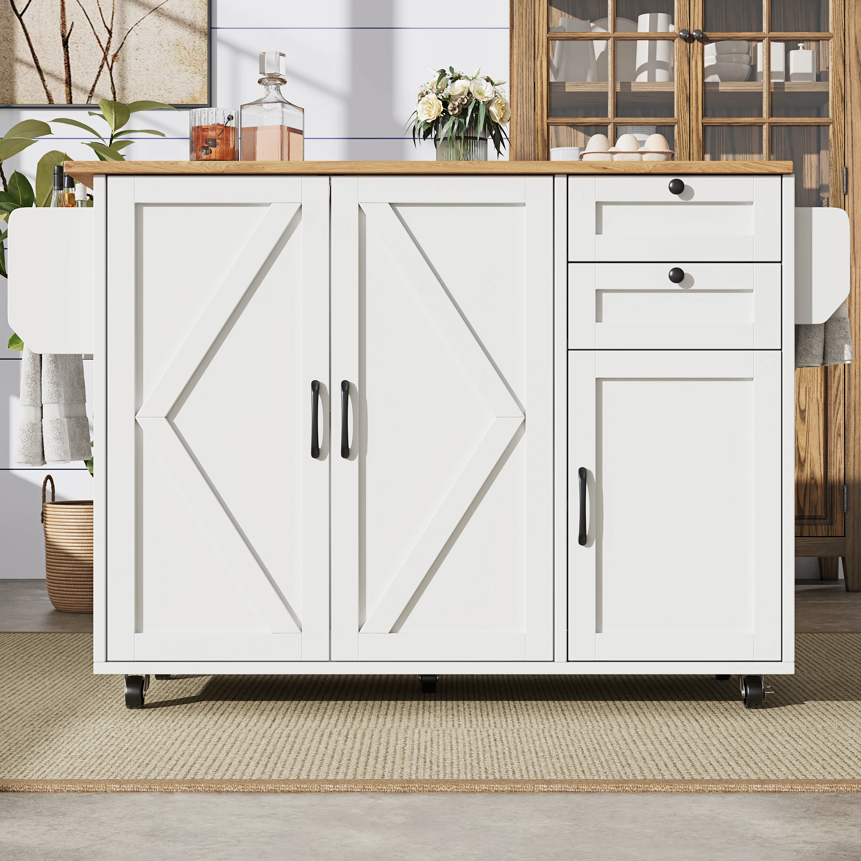 Buffet d'îlot de cuisine moderne avec grain de bois, table à manger multifonctionnelle avec rangement, chariot de service avec étagères à collations, blanc