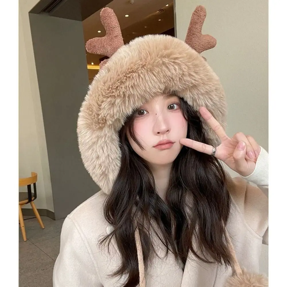 Cute Warm Plush Antler Hat Winter Fluffy Velvet Bucket Hat Soft Thickened Ear Protection Hat Women