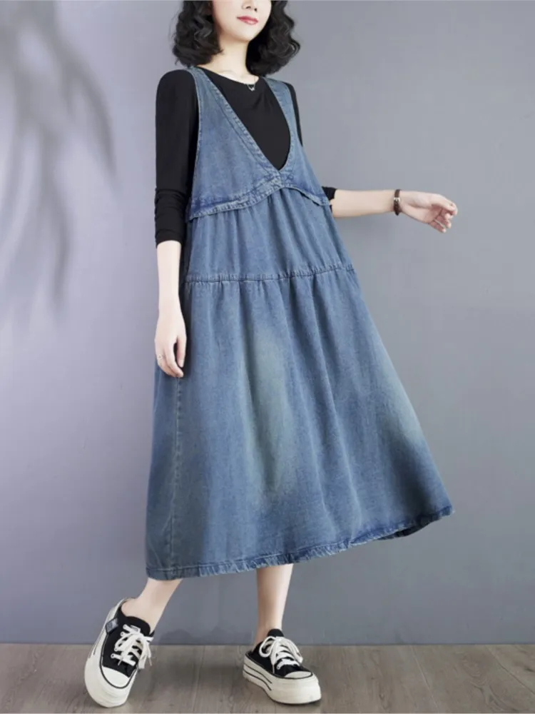 Denim Oversized Summer Sleeveless Vest Dress Women Loose Ruffle Pleated Fashion Casual Ladies Dresses A-Line Woman Midi Dress