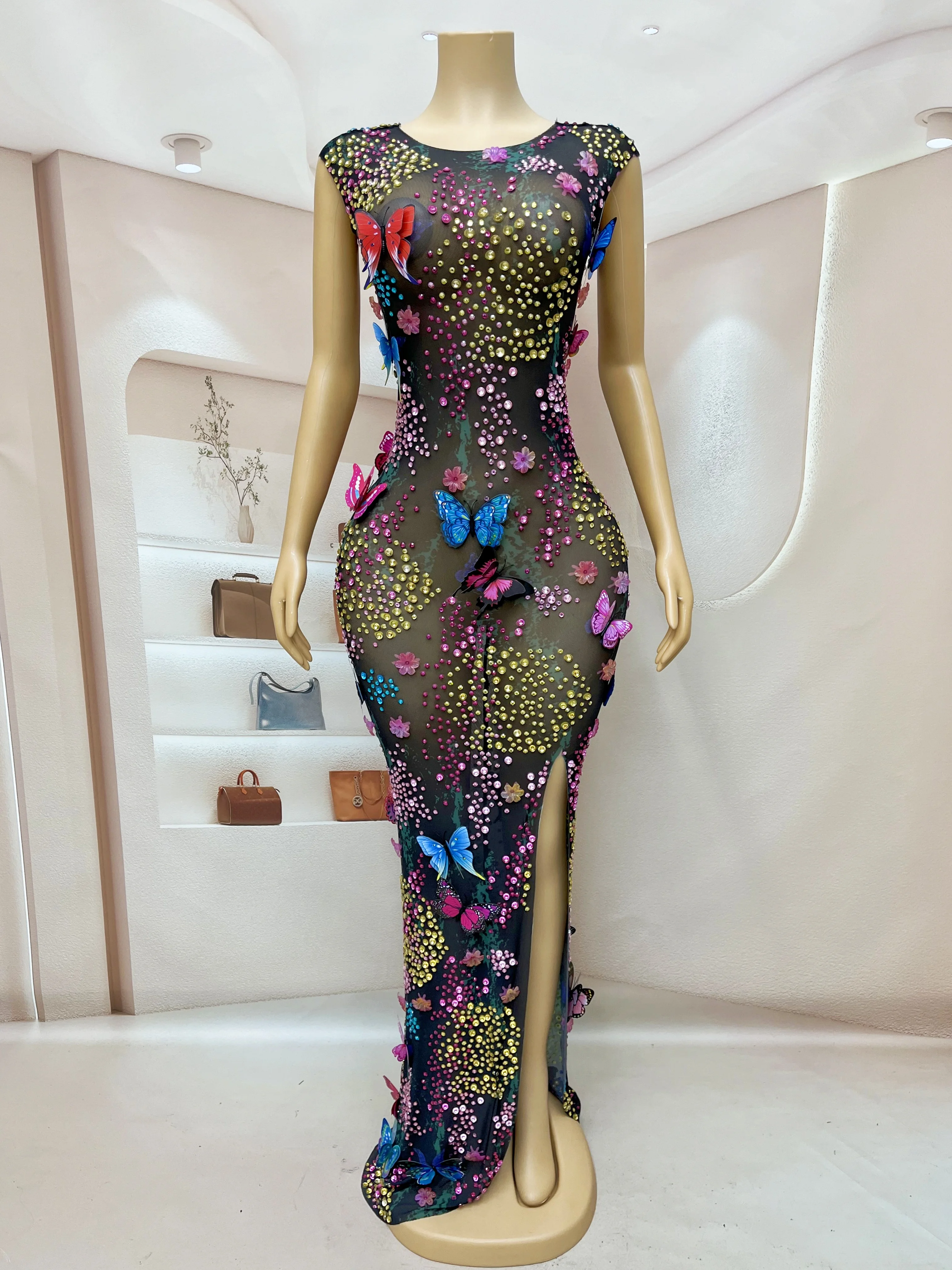 New Designed  Shining Colourful Rhinestones Butterflies Mesh Dress Women Birthday Evening Red carpet gown Strech Costume Zhuidie