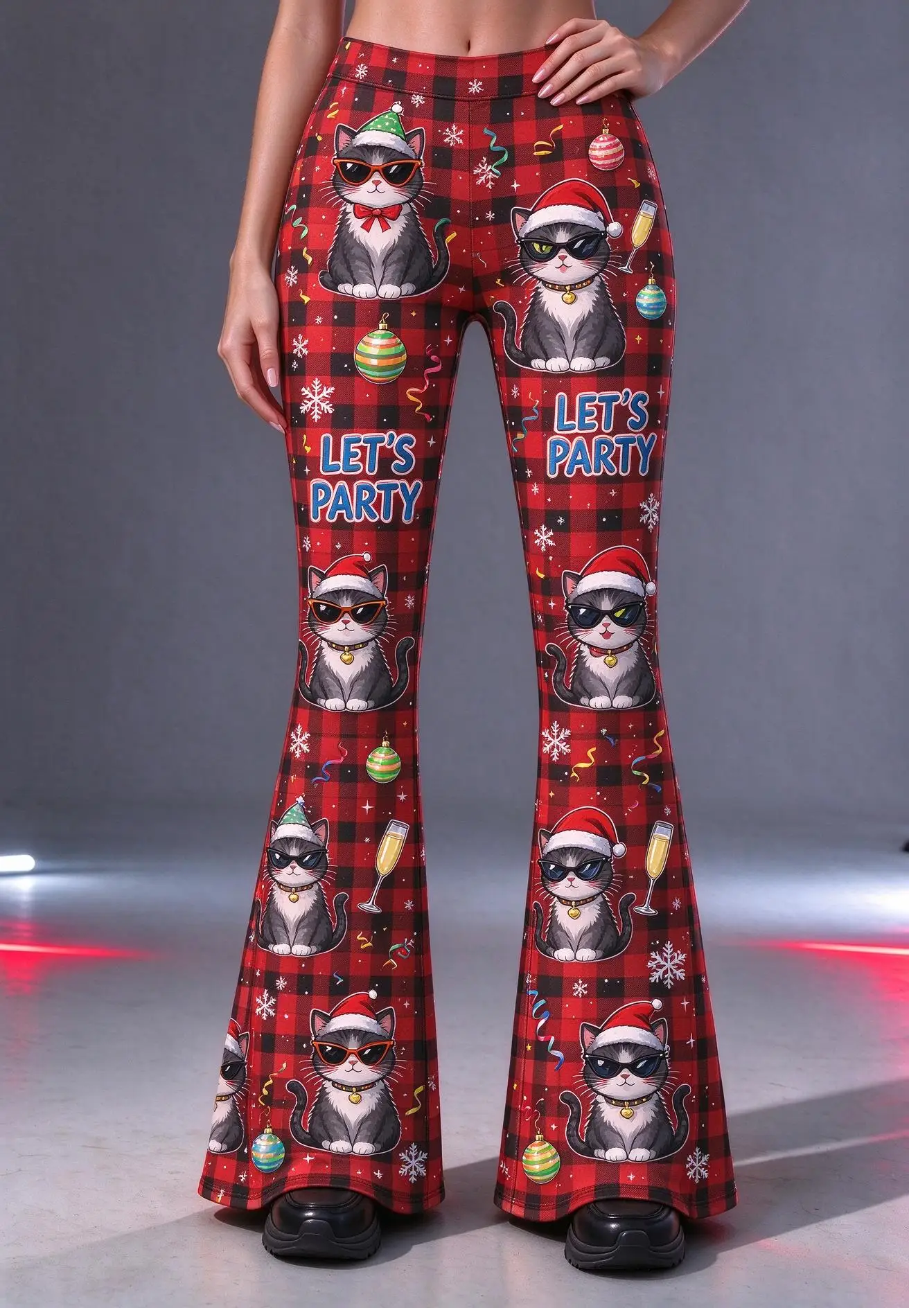 Women Mid-Rise Slim Flared Pants Red Buffalo Plaid Christmas Cat Santa Hat LET'S PARTY Print Stretch Bell Bottoms