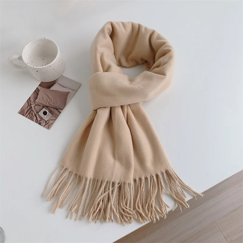 230g Women Solid Scarf Cashmere Pashmina Shawls Tassel Hijab Head Wraps Femme Thin Autumn Winter Tassel Scarves Bandana Designer