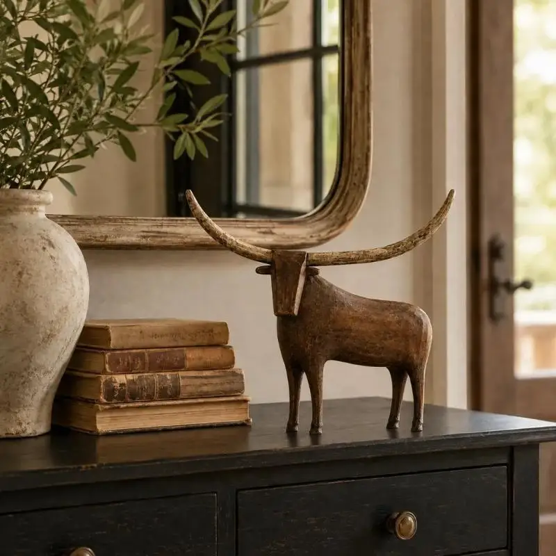 Vintage Style Longhorn Bull Sculpture Western Style Rustic Resin Bull Tabletop Statue Rugged Handcrafted Sheep Cow Figurine
