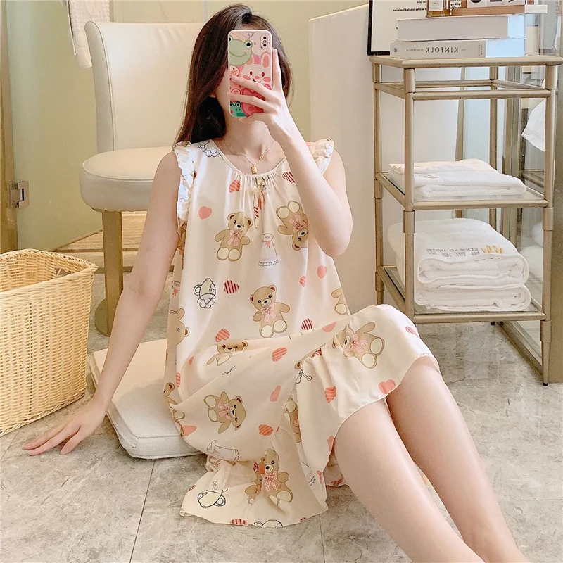 New Summer Women Dress 100% Cotton Gauze Nightdress Sleeveless Thin Round Neck Flower Print Cute Home Clothes Dress