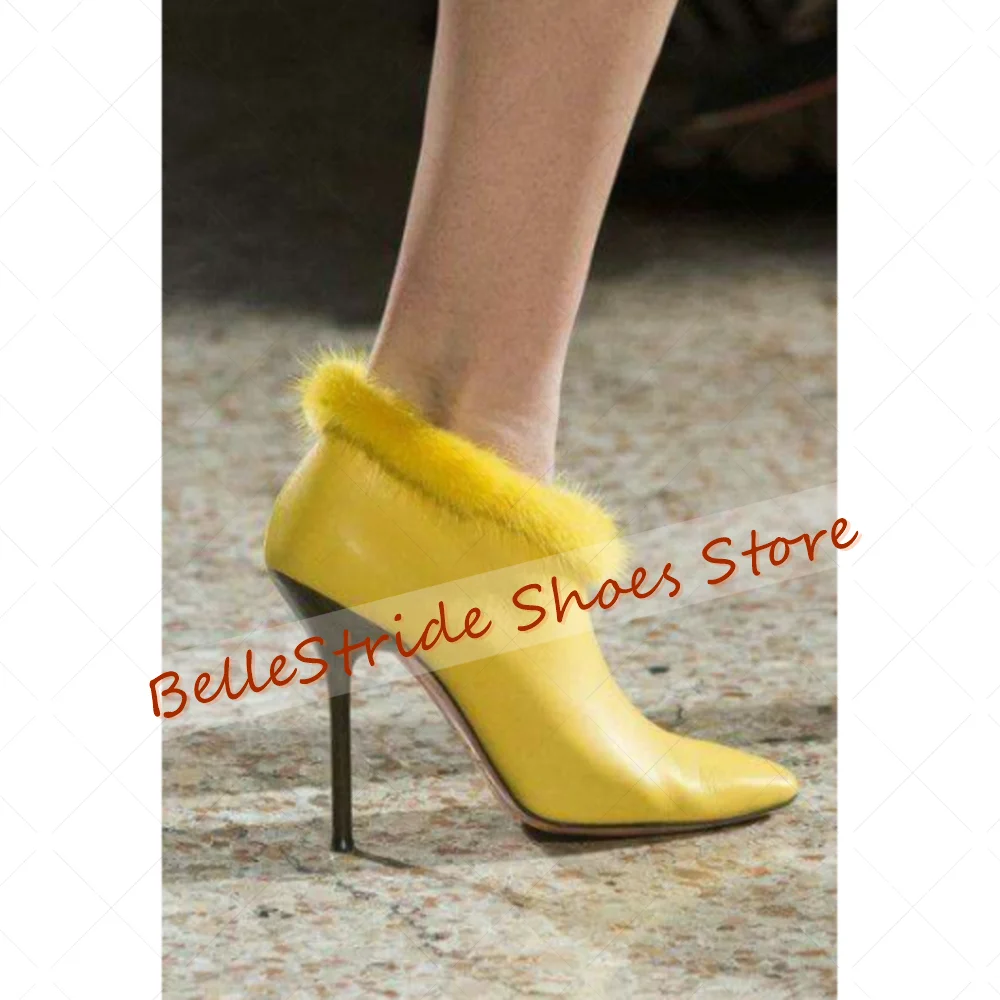 Bottines en cuir mat avec décor de fourrure jaune, chaussures Sexy pour femmes, talons aiguilles, fête, Banquet, rencontres, 2025 Zapatos Para Mujere