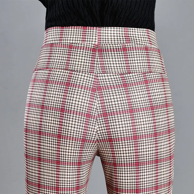 Korean Fashion Autumn Winter New Thicken Flare Pants Women Elastic High Waist Red Checks Pockets Versatile Elastic Slim Trousers