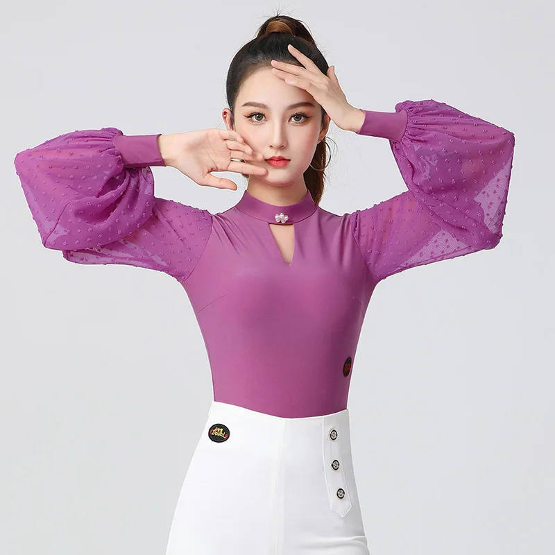 New Latin Dance Tops For Women Small High Collar Lantern Sleeved Latin Practice Clothes Chacha Rumba Tango Latin Wear DN14246