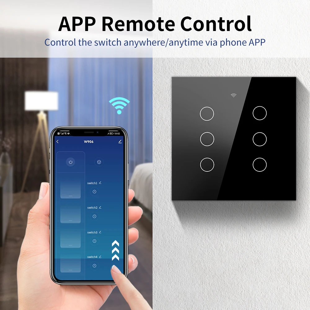MANHOT Wifi Smart Switch 4*4 Brazil Touch Sensor Glass Panel Switch No Neutral 4/6 Gang Work with Smart Life Alexa Google home