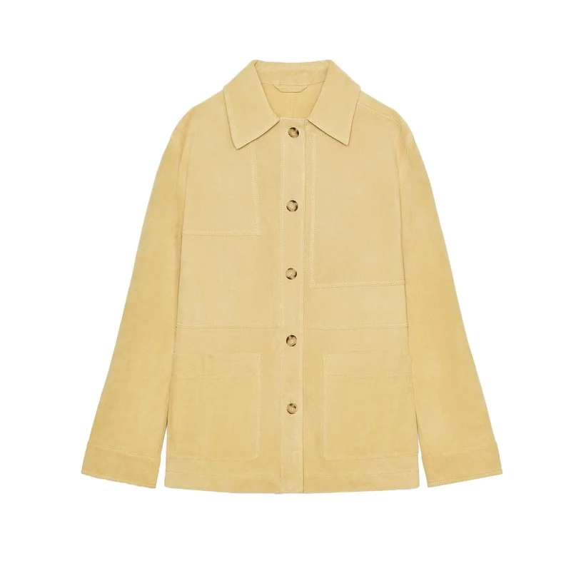 

Autumn New Women's Casual Long Sve Pure Color PU Faux Nubu Leather Jaet Flip Collar Outerwear Commute Sle Loose Fit