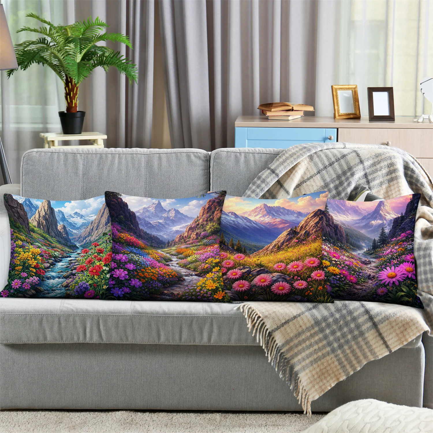Mountain Valley Wildflower Pillow Covers, Alpine Stream Floral Decorative Throw Pillow Cases, Nature Landscape Home Decor 4pcs