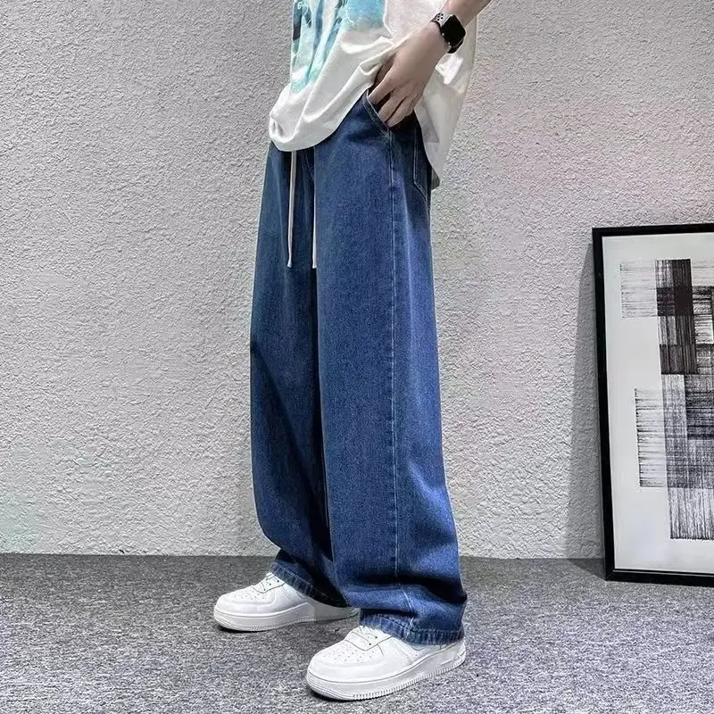 Korean Solid Colors Men's Casual Long Jeans Classic Man Four Seasons Straight Denim Wide-leg Pants Light Blue Grey Black 3XL