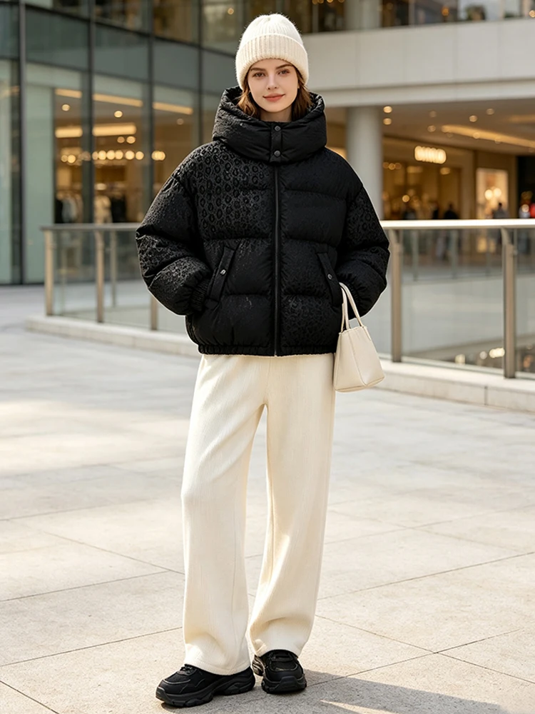 Stylish Magic Water Activated Leopard Print Short Jacket Hooded Zipper Black Warm Coat Winter Outdoor Street Casual Outerwear