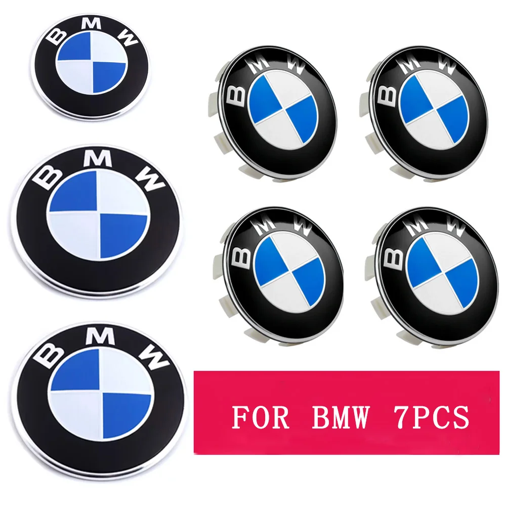 For 3 5 6 7 Serie X3 X5 X6 E70 E90 E91 F30 F10 E60 E87 7PCS Front Hood Emblem Rear Badge Wheel HubCap Steering Wheel Sticker