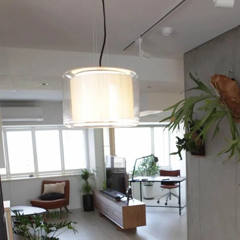 Nordic Rotundity Transparent Glass LED Pendant Light White Fabric Hanging Lamp Living Room Bedroom Kitchen Restaurant Chandelier