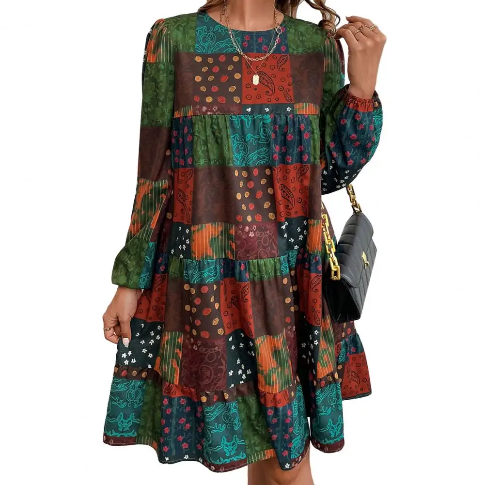 

Women A-line Dress Colorful Print Long Sleeve Boho Dress A-line Ruffle Swing Style for Women's Fall/spring Wardrobe Long Sleeve