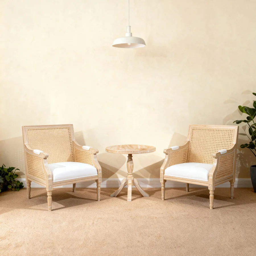 French Accent Chair, Armchair with Upholstered, Reading Chair with Vintage Rattan Hollow Out, for Living Rooms, Bedrooms, Farmh