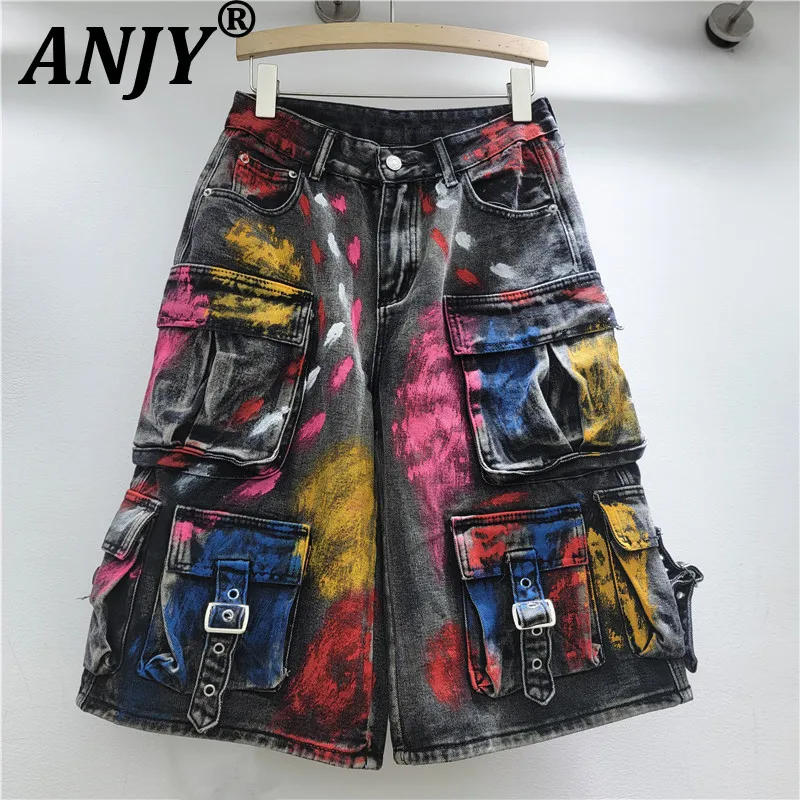 ANJY Spring Summer New Women American Style High Street Ins Hand-painted Graffiti Jeans Hip-hop Loose Casual Cargo Shorts A27484
