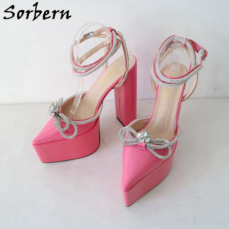 Sorbern Pink Block Heel Women Sandals Pointed Toes Crystal Ankle Straps Bowknot Slingback Thick Platform 16cm Shoes Custom