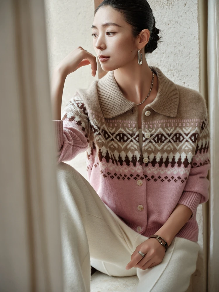 

TLOML Women's 100% Cashmere Knit Sweater Polo Collar Cardigan Color block Jacquard Autumn Winter Comfy High Quality Thick Coat