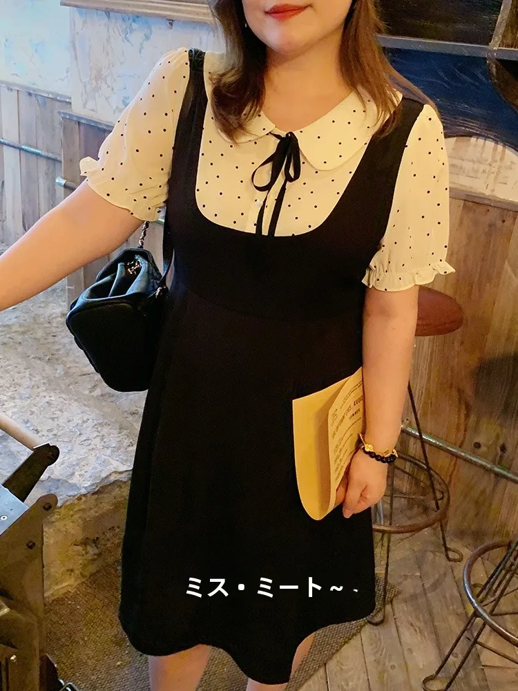 

Плюс размер трапециевидной формы в горошек Dr Fake из двух предметов для похудения, летнее Новое поступление, повседневные короткие и длинные варианты для женщин