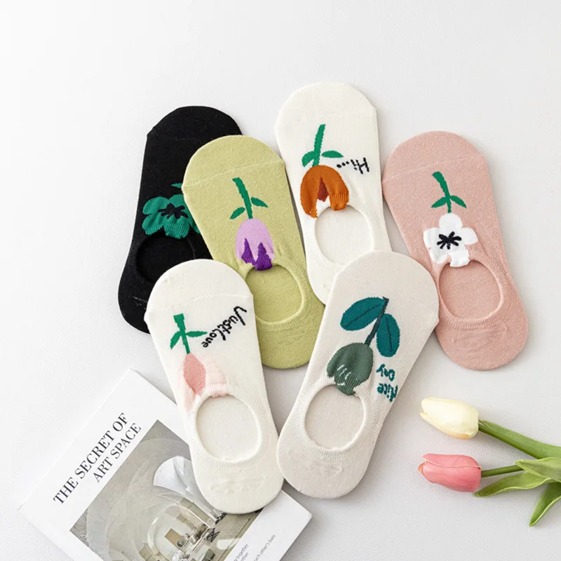 Vrouwen Katoenen Casual Sokken Lente Zomer Dunne Bootsokken Antislip Siliconen Bloem Onzichtbare Sokken Koreaanse Stijl