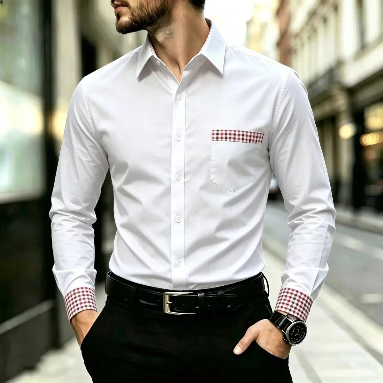 Men's Long Sleeved Shirt With Checkered Border Collar  Slim Fit And Fashionable Cuffs And Pockets  Formal Button Up Top