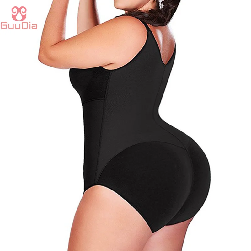 

GUUDIA Pleated Butt Line Open Crotch Full Zipper Big U Neck Plus Size Adjustable Straps Bodysuit Butt Lifter Seamless Shapewear