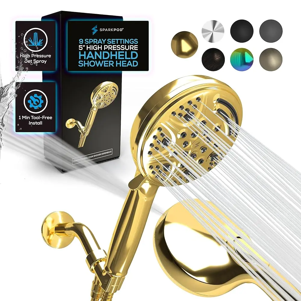 

5 Inch 9 Spray Setting Shower Head - Handheld High Pressure Jet with On/Off Switch, Pause and Waterfall Setting- Premium ABS