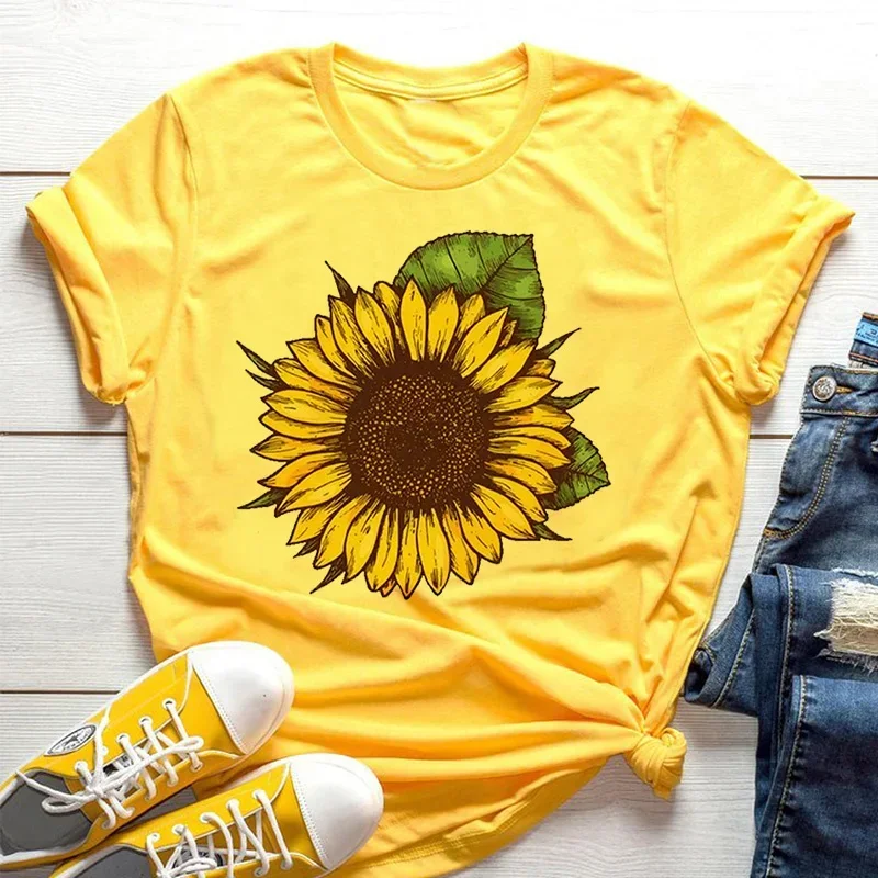 Sunflower Bee Kind Yellow Women T-shirt Aesthetics Graphic Short Sleeve Cotton Polyester T Shirts Female Camisetas Verano Mujer