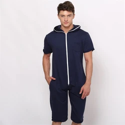 Pijama de una pieza para hombre, ropa de dormir de color azul liso, para el hogar, con capucha, Cosplay, de manga corta