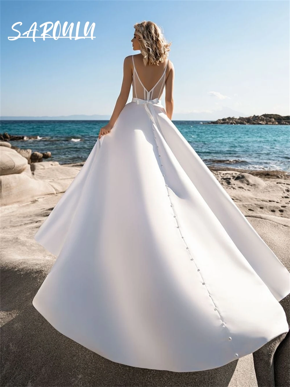 Vestido de novia minimalista de satén de línea A para mujer 2025, vestidos de novia de playa personalizados, vestido de novia moderno con tirantes finos