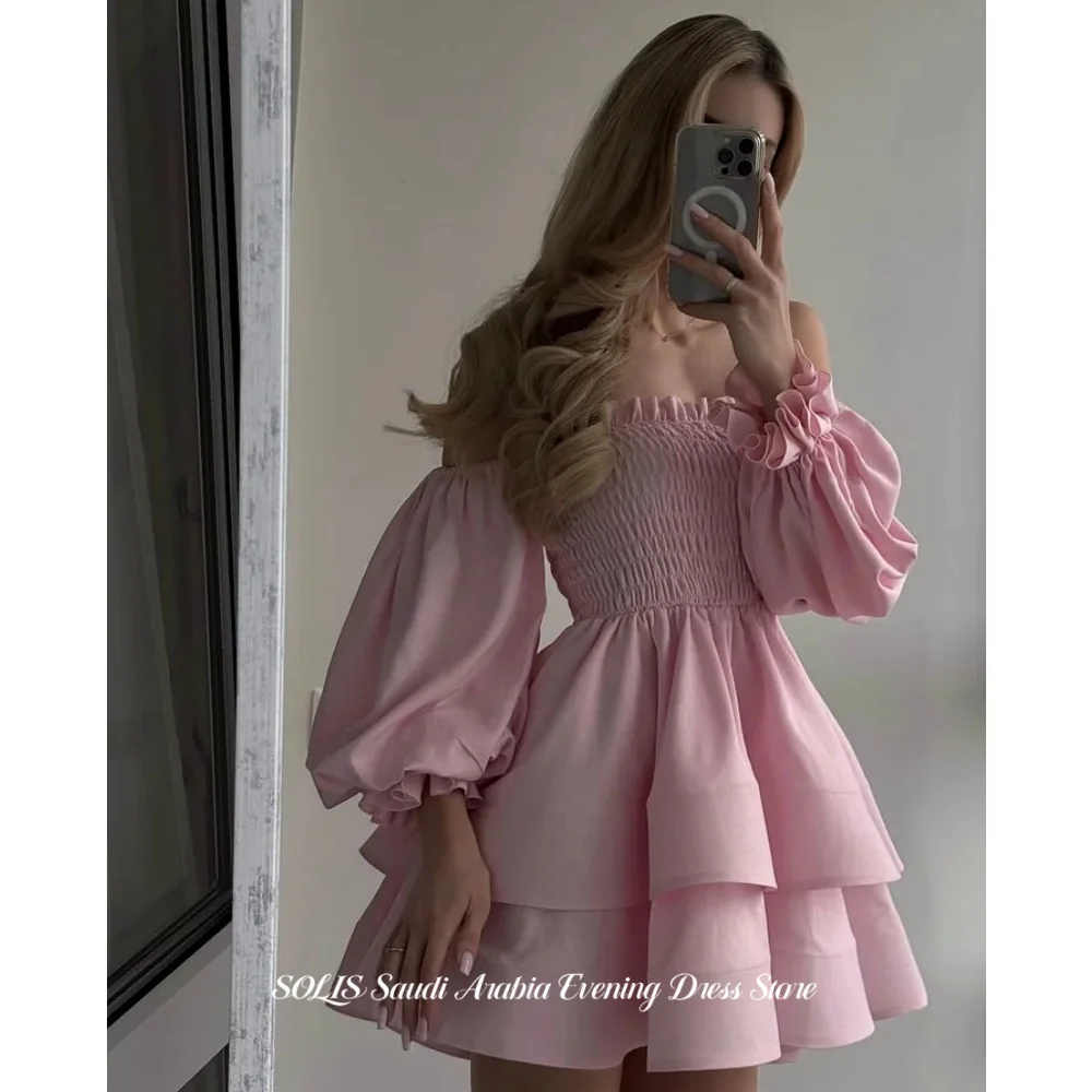 

SOLIS Pink Prom Dress Off Shoulder Lantern Sleeve Evening Dress with Layered Skirt Cute A-Line Graduation Party Dress Customized