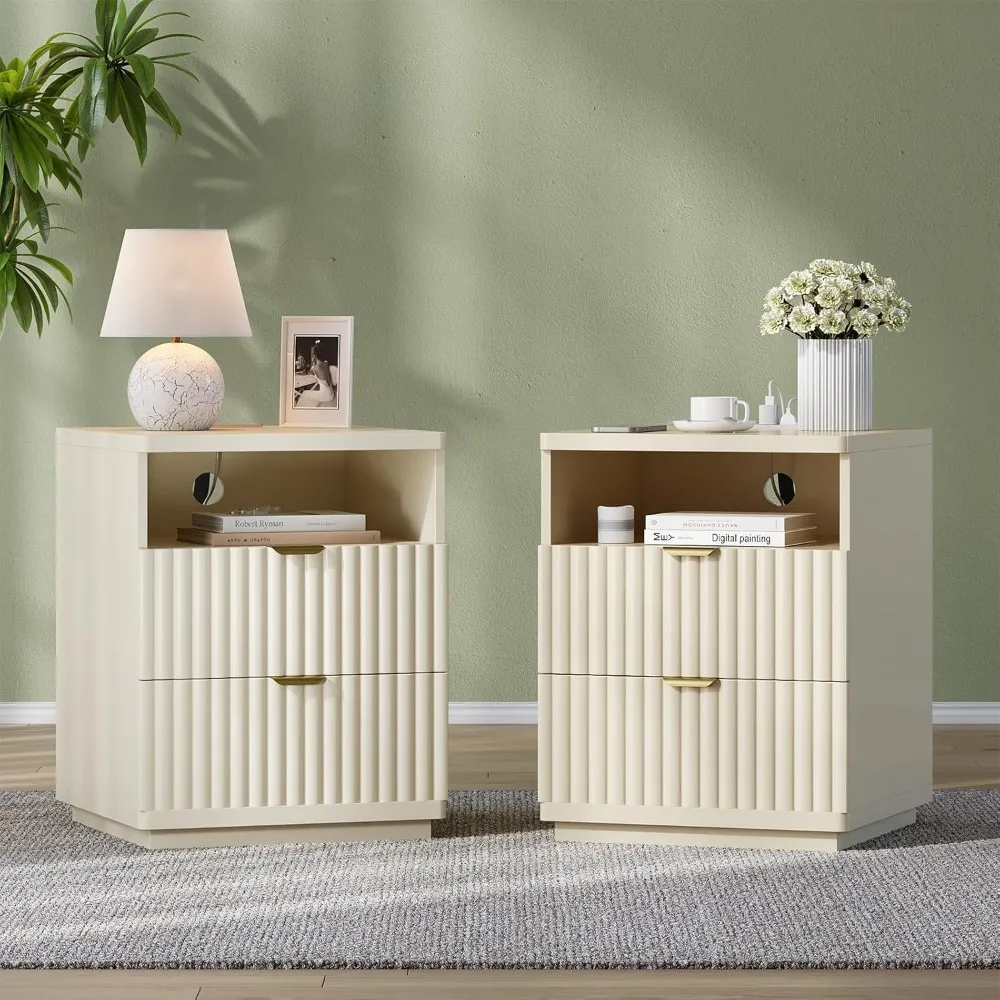 

Night Stand Set 2, Nightstand with Charging Station Bedside Table, Morden Fluted Bed Side End Table with 2 Drawers, Customized