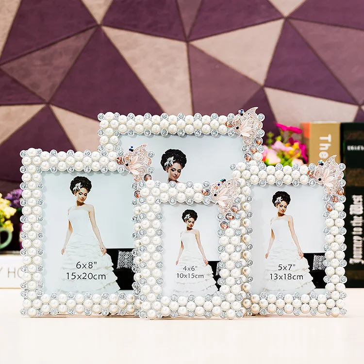 6/7/8inch pearl alloy photo frame, creative rural butterfly pearl inch-sized wedding photo display stand,heavy-duty photo frame