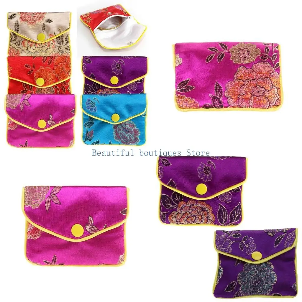 U4LF Traditional Silk Travel Pouch Classic Chinese Embroidery Jewelry Bag Organizer Jewelry Pouch Roll Wrap Gift Bags
