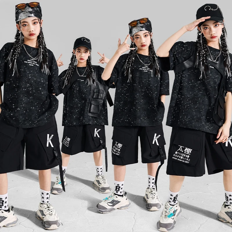 Cool Street Dance Suit Kids Black Top T-Shirt Hip Hop Shorts Girls Stage Costume Jazz Performance Outfit Fashion Streetwear 1968