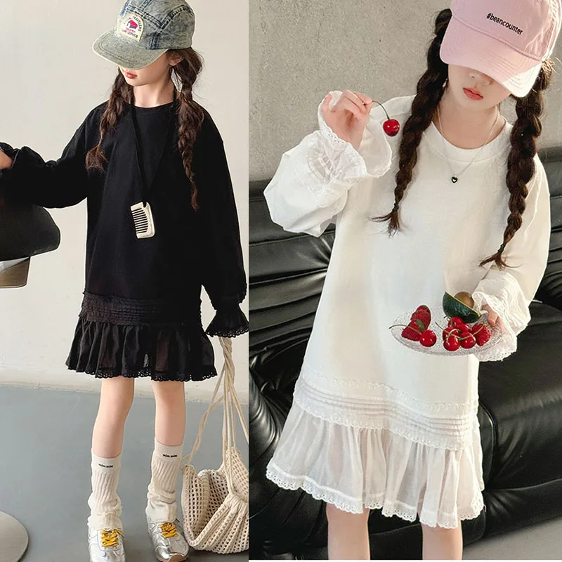 

Осеннее платье для больших девочек, осенние толстовки с длинными рукавами, платья, новинка 2025 года, белые, черные платья для девочек-подростков, кружевная лоскутная школьная одежда для детей