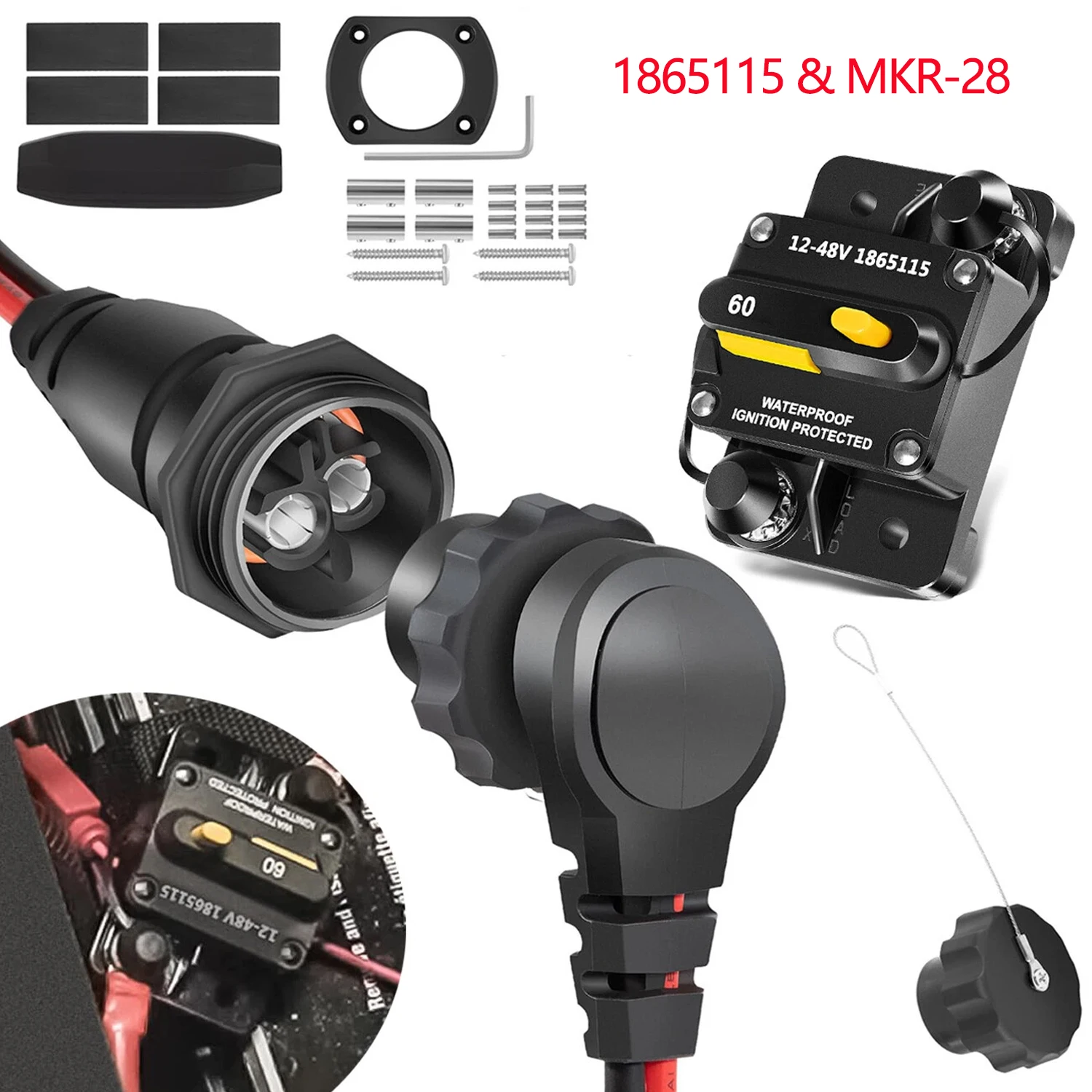 1865120 MKR-28 Trolling Motor Plug and Receptacle with 1865115 MKR-27 Circuit Breaker 60 AMP for 12V/24V/ 36V/48V Trolling Motor