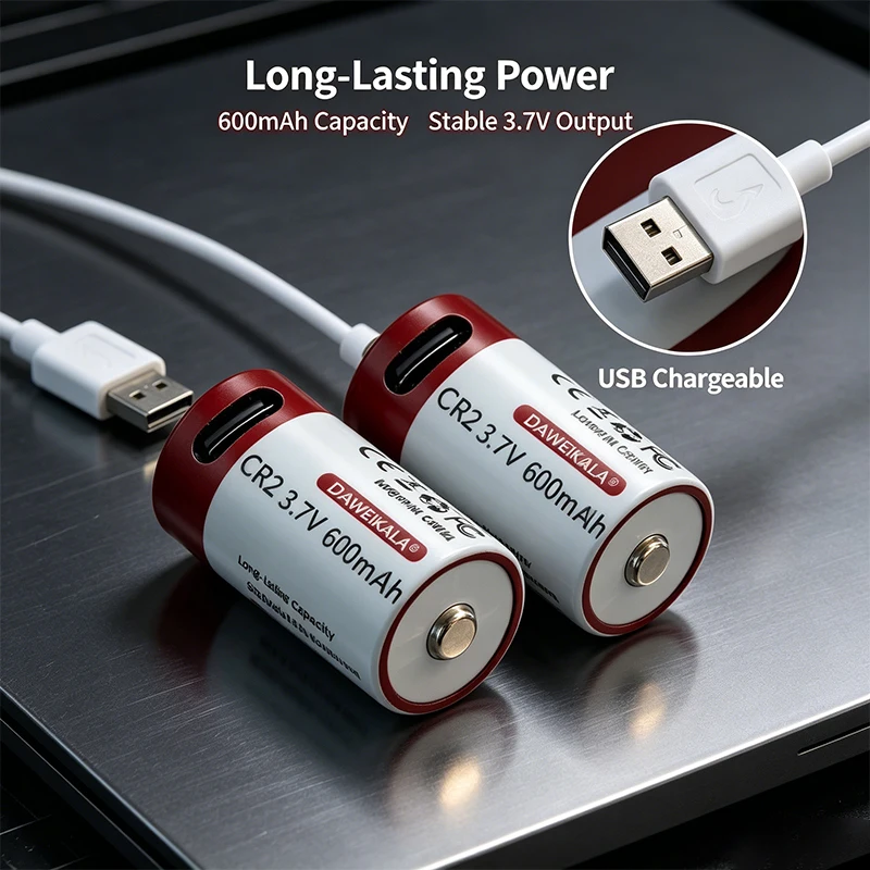 CR2 USB Rechargeable Battery 3.7V 600mAh Lithium Batteries Long Lasting for Camera Rangefinder, Flashlights, Smoke Detector